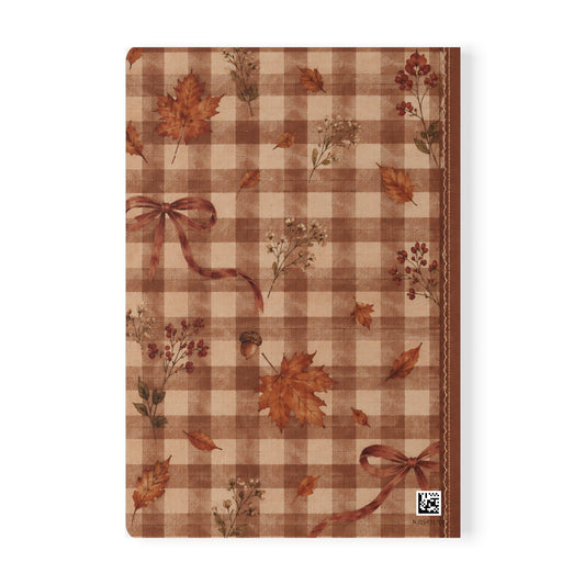 Autumn Plaid Journal — A5 Softcover Notebook with Fall Leaves & Ribbon Design