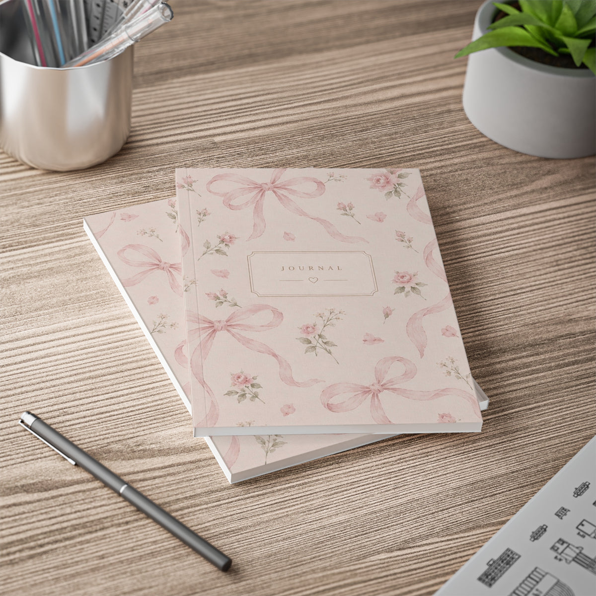 A5 Floral Ribbon Journal — Softcover Notebook with Pink Rose Pattern