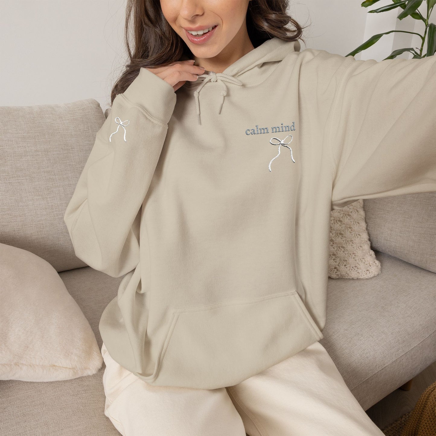 Minimal Ribbon “Calm mind” Cozy Hoodie