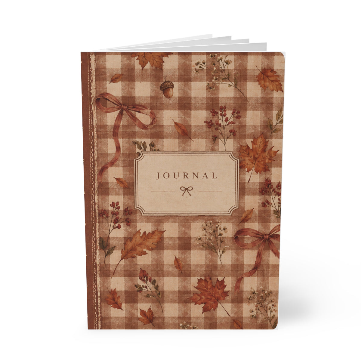 Autumn Plaid Journal — A5 Softcover Notebook with Fall Leaves & Ribbon Design