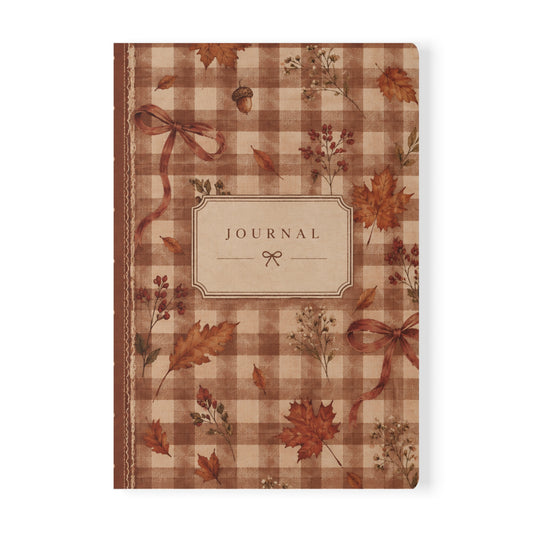 Autumn Plaid Journal — A5 Softcover Notebook with Fall Leaves & Ribbon Design