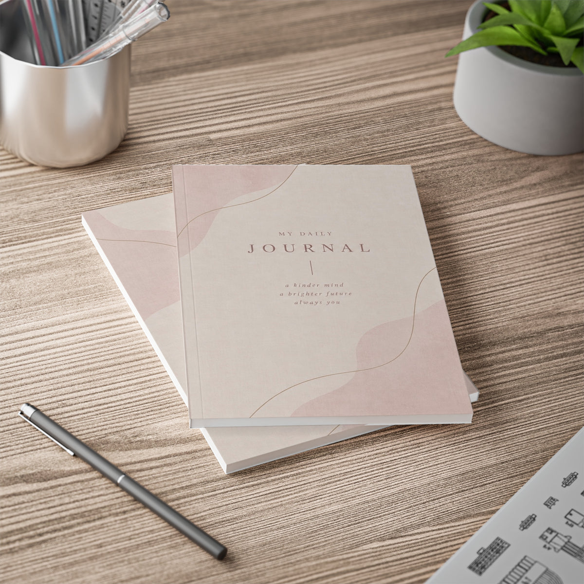 A5 Daily Journal Notebook — 'My Daily Journal' Softcover, Minimal Pink Waves
