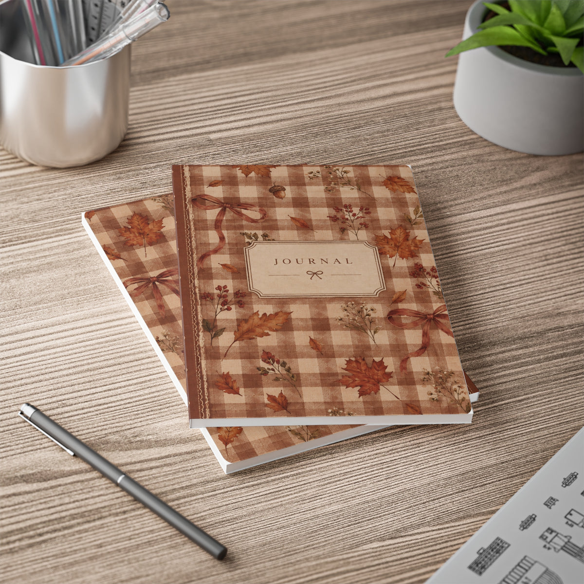Autumn Plaid Journal — A5 Softcover Notebook with Fall Leaves & Ribbon Design