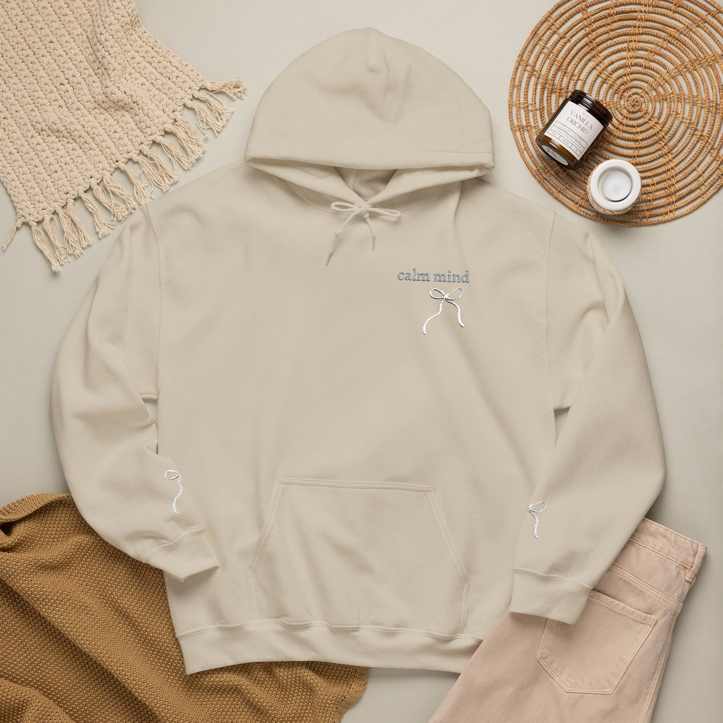 Minimal Ribbon “Calm mind” Cozy Hoodie