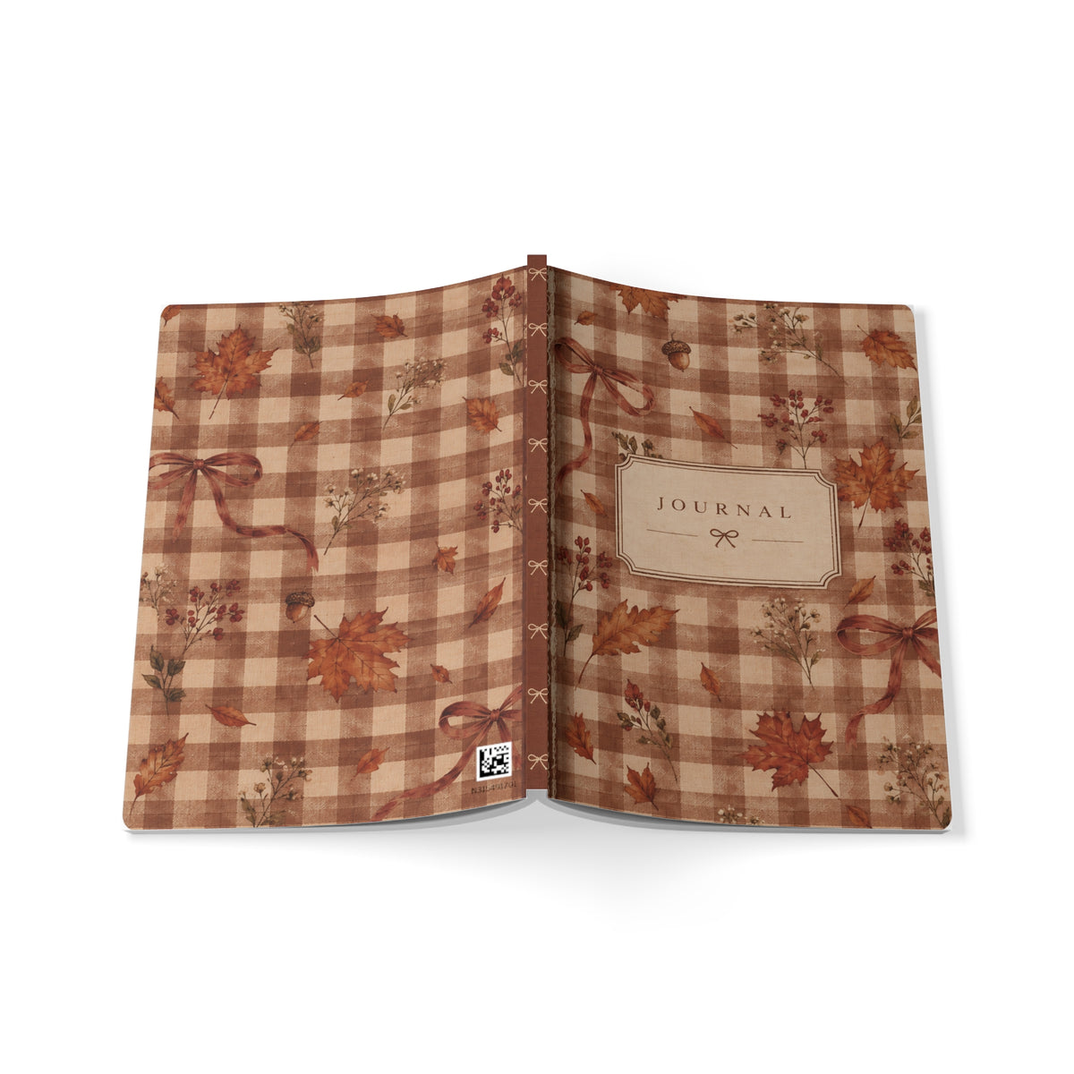 Autumn Plaid Journal — A5 Softcover Notebook with Fall Leaves & Ribbon Design